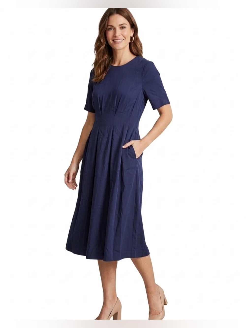 BODEN Pleated Navy Blue Fit & Flare Midi Dress Size 10 Short-Sleeve with Pockets